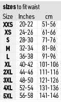 sizes to fit waist,Size,Inches,cm,XXS,20-22,51-56,XS,24-26,61-66,S,28-30,71-76,M,32-34,81-86,L,36-38,91-96,XL,40-42,1...