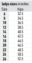 ladys sizes in inches,Size,hips,6,32.5,8,34.5,10,36.5,12,38.5,14,40.5,16,42.5,18,44.5,20,46.5,22,48.5,24,50.5,26,52.5
