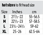 hat sizes to fit head size,Size,Inches,cm,S,211/2 -22,55-56.5,M,221/2 -23,57-58.5,L,231/2 -241/2,59-62,XL,25 -26,62.5-64