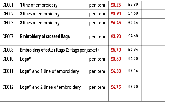 CE001,1 line of embroidery,per item,£3.25,£3.90,,CE002,2 lines of embroidery,per item,£3.90,£4.68,,CE003,3 lines of ...