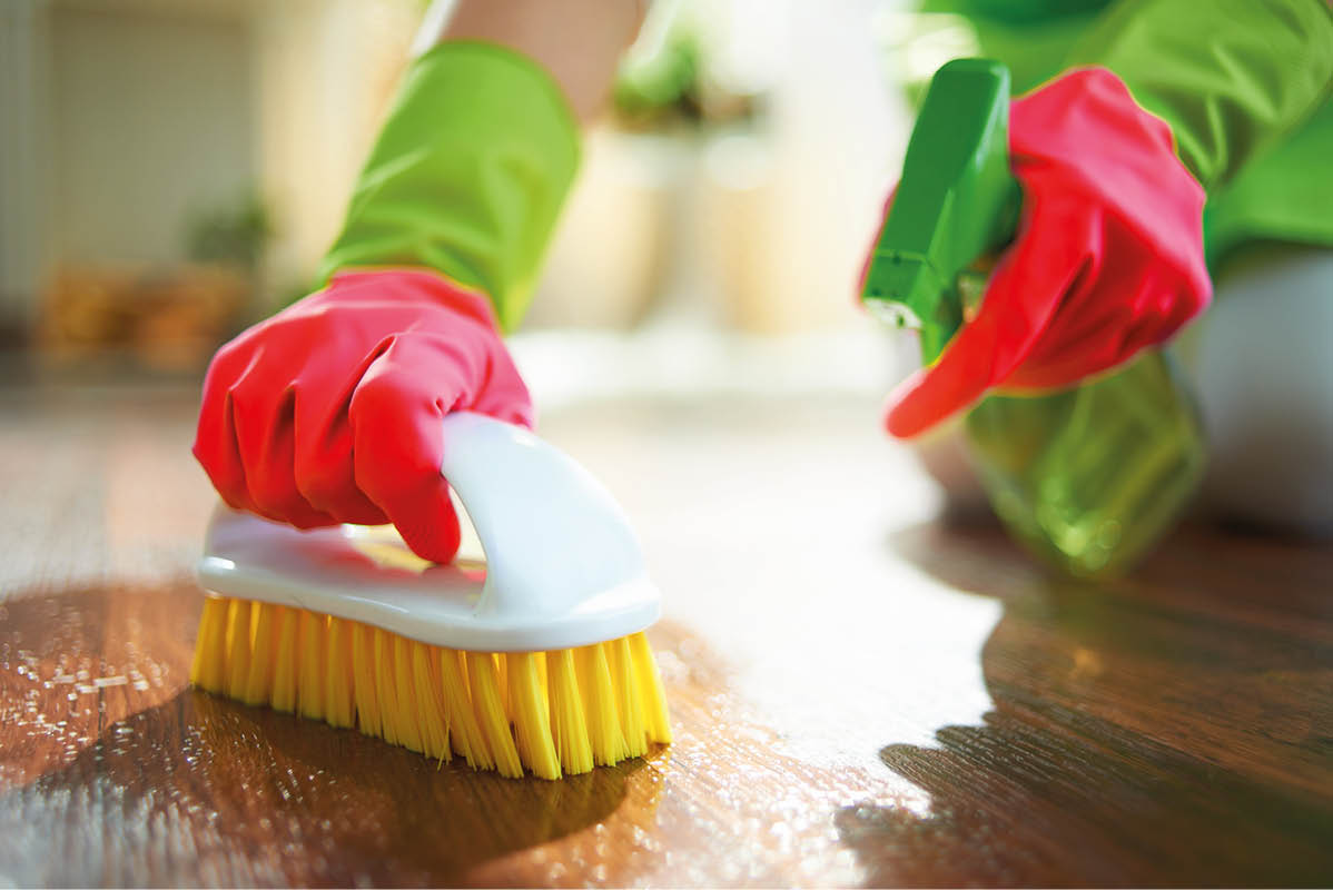 Closeup on woman in green apron and pink rubber gloves with spray bottle of cleaning supplies and brush spot cleaning floor at home in sunny day.